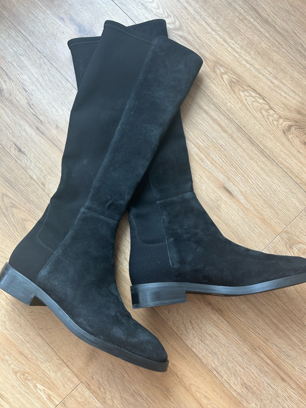 Stuart Weitzman Black Suede Knee-High Stretch Women's Boots Stacked Heel 7.5